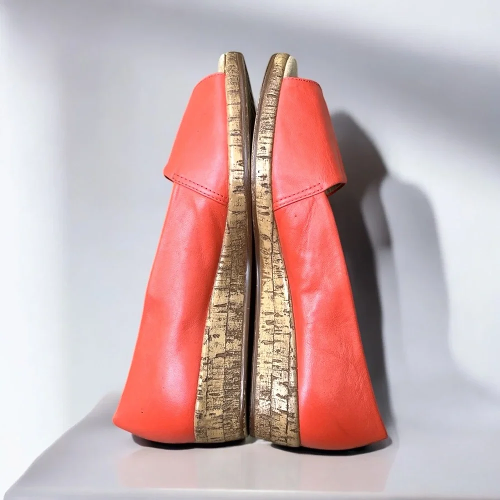 Michelle D Ellena Leather Low Wedge Open Toe Shoe in Coral Size 6 1/2